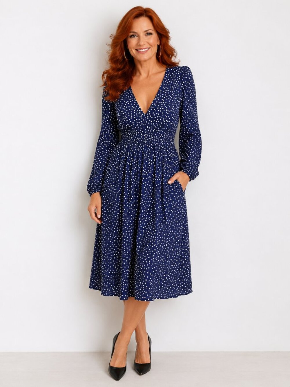 Anna-Kaci Navy Blue & White Polka-dot Dress, Size Large